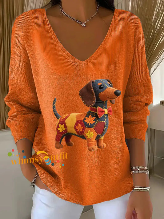 Women’s Autumn Dog Art Print V Neck Ribbed Top Orange / S