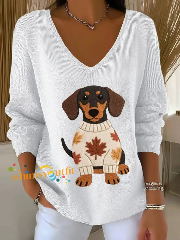 Women’s Autumn Dog Art Print V Neck Ribbed Top White / S