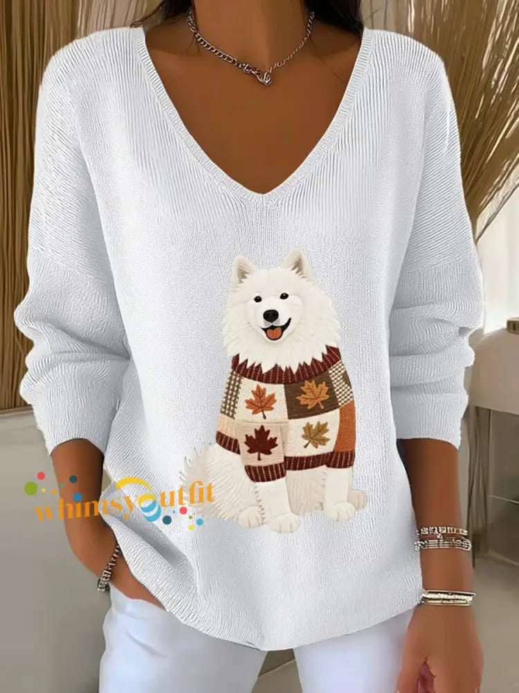 Women’s Autumn Dog Art Print V Neck Ribbed Top White / S