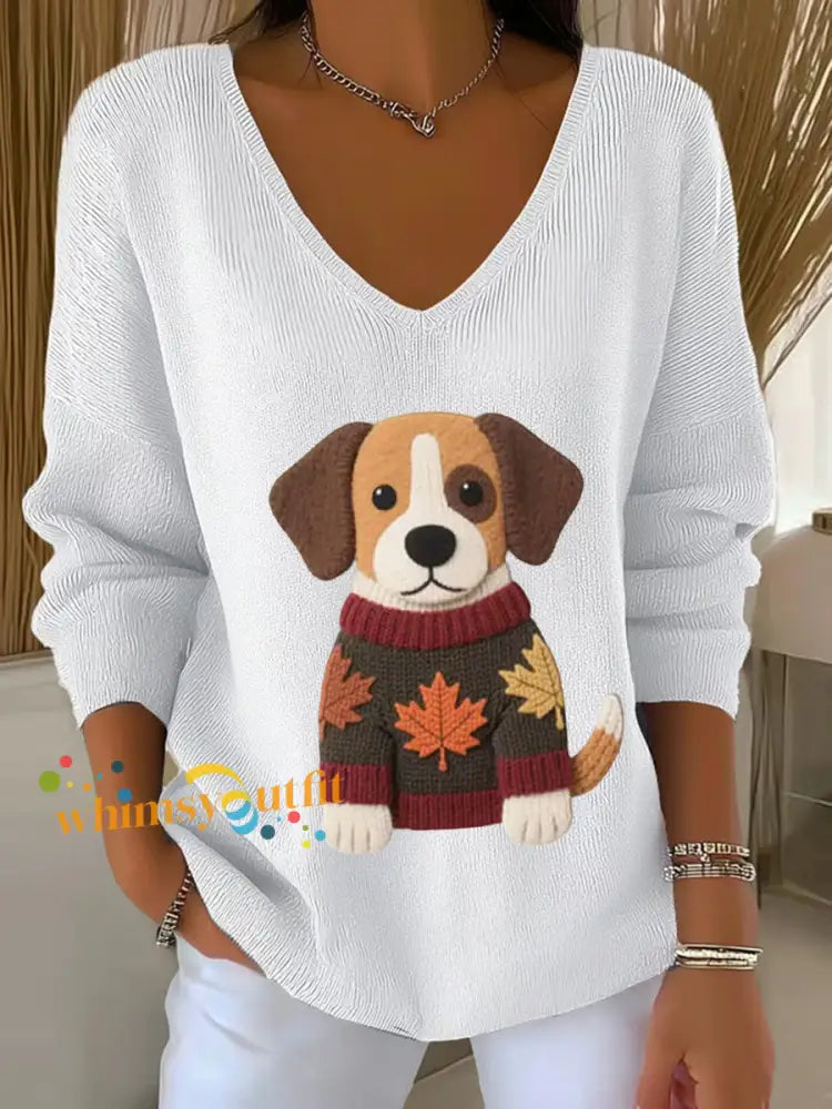 Women’s Autumn Dog Art Print V Neck Ribbed Top White / S