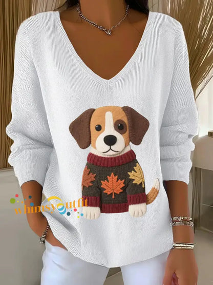 Women’s Autumn Dog Art Print V Neck Ribbed Top White / S
