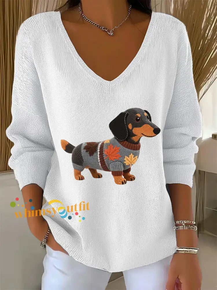 Women’s Autumn Dog Art Print V Neck Ribbed Top White / S