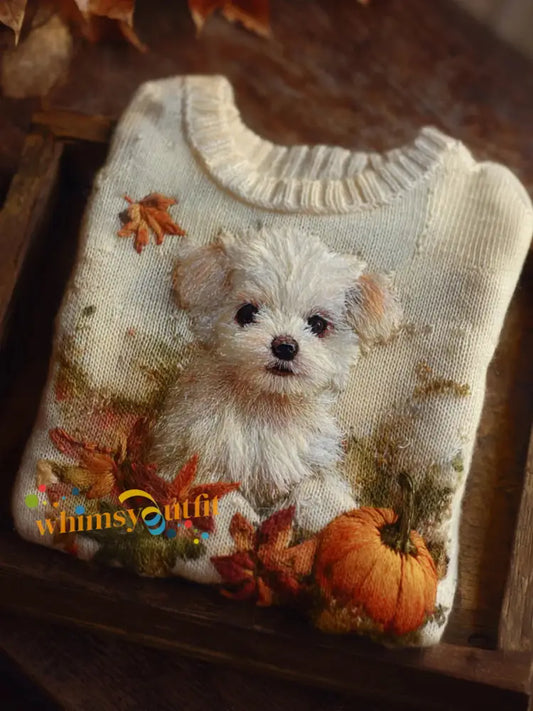 Women’s Autumn Dog Embroidery Raglan Print Knit Sweater White / S