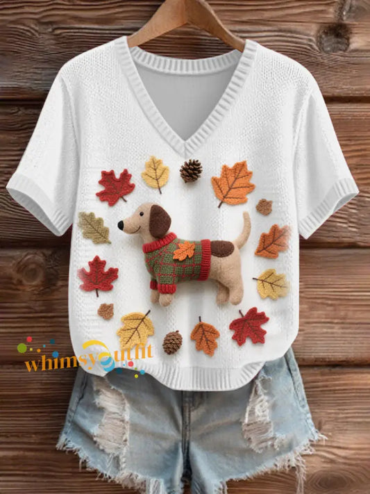 Women’s Autumn Fallen Patchwork Dog V Neck Comfortable Knit Sweater As picture / S