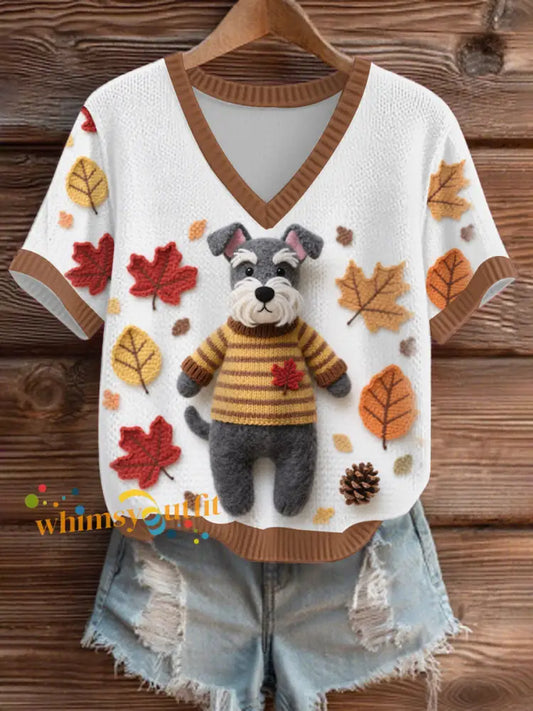 Women’s Autumn Fallen Patchwork Dog V Neck Comfortable Knit Sweater As picture / S