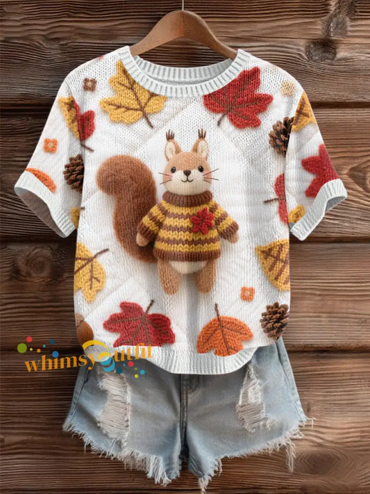 Women’s Autumn Leaves Patchwork Squirrel Cozy Knit Sweater As picture / S