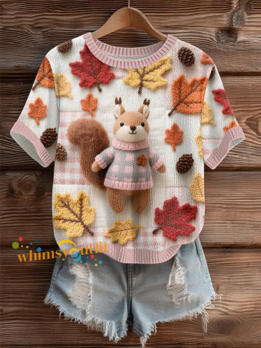 Women’s Autumn Leaves Patchwork Squirrel Cozy Knit Sweater As picture / S