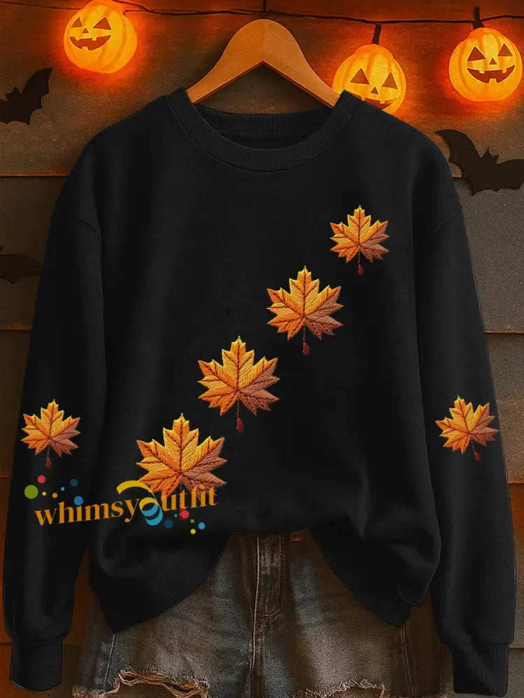 Women’s Autumn Maple Leaf Print Casual Sweatshirt Black / S