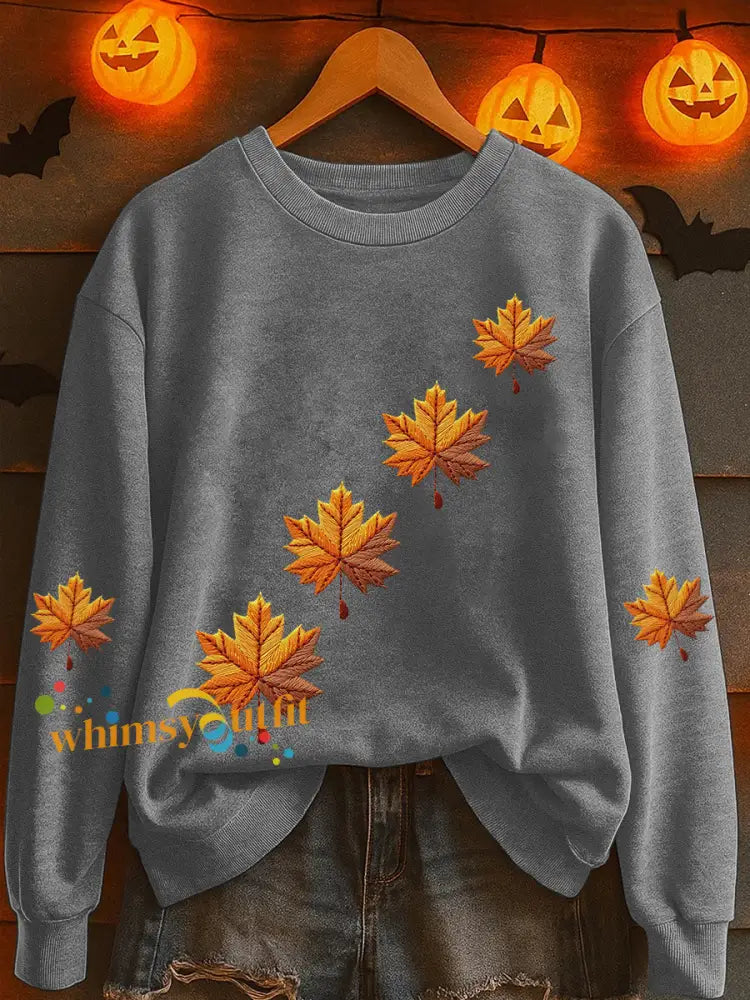 Women’s Autumn Maple Leaf Print Casual Sweatshirt Light Gray / S