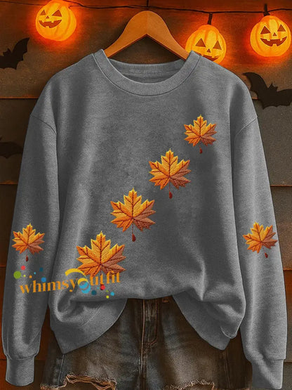 Women’s Autumn Maple Leaf Print Casual Sweatshirt Light Gray / S