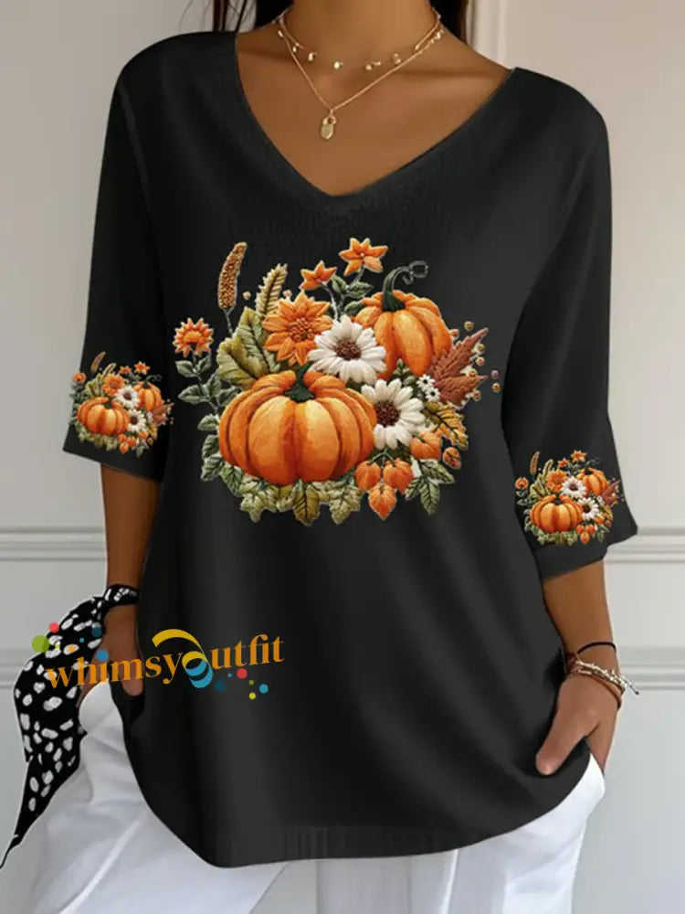 Women’s Autumn Pumpkin Print Casual T Shirt Black / S
