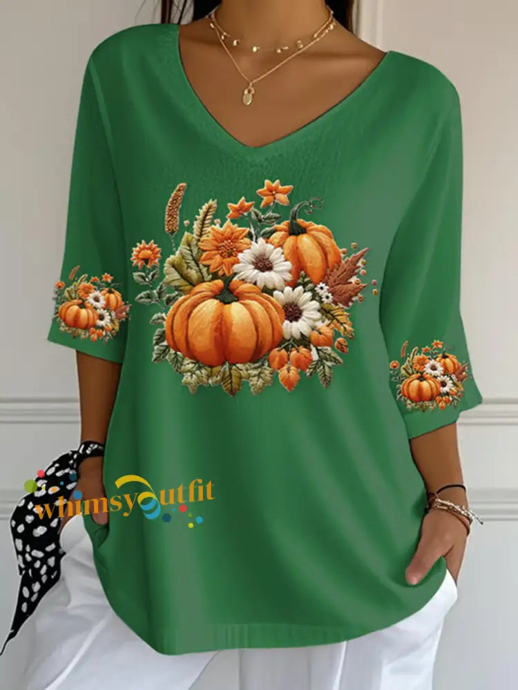 Women’s Autumn Pumpkin Print Casual T Shirt Green / S