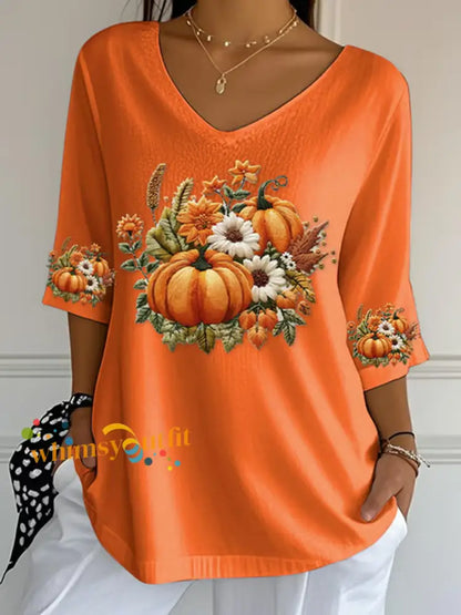 Women’s Autumn Pumpkin Print Casual T Shirt Orange / S