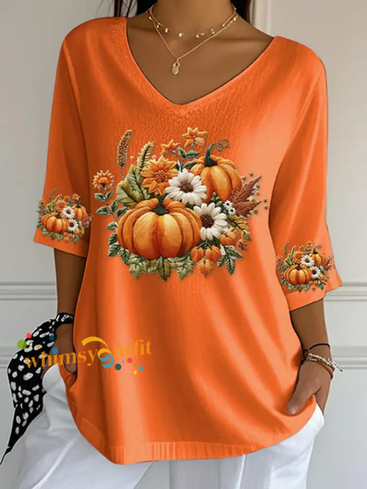 Women’s Autumn Pumpkin Print Casual T Shirt Orange / S