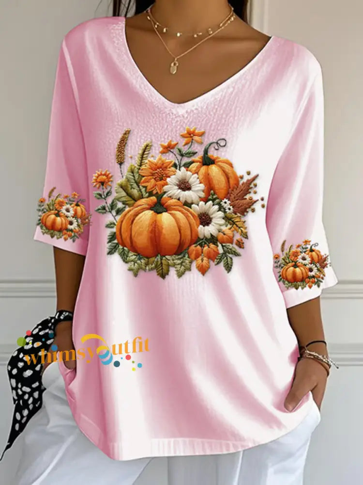 Women’s Autumn Pumpkin Print Casual T Shirt Pink / S