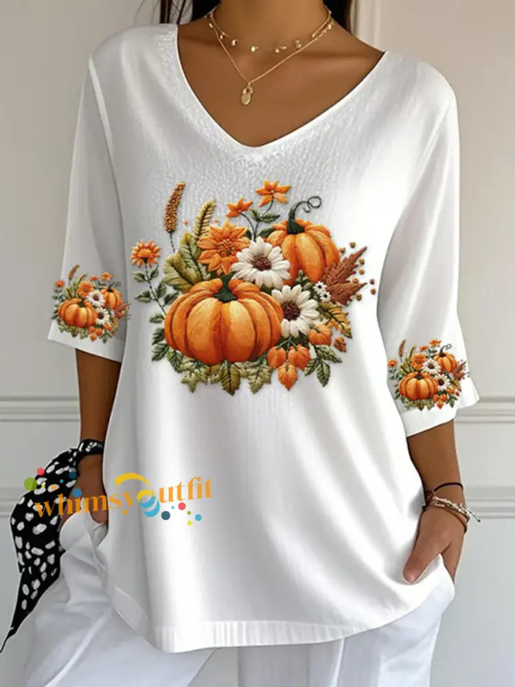 Women’s Autumn Pumpkin Print Casual T Shirt White / S