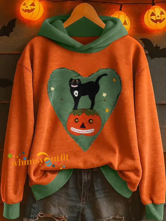 Women’s Black Cat and Pumpkin Patchwork Art Hoodie As picture / S