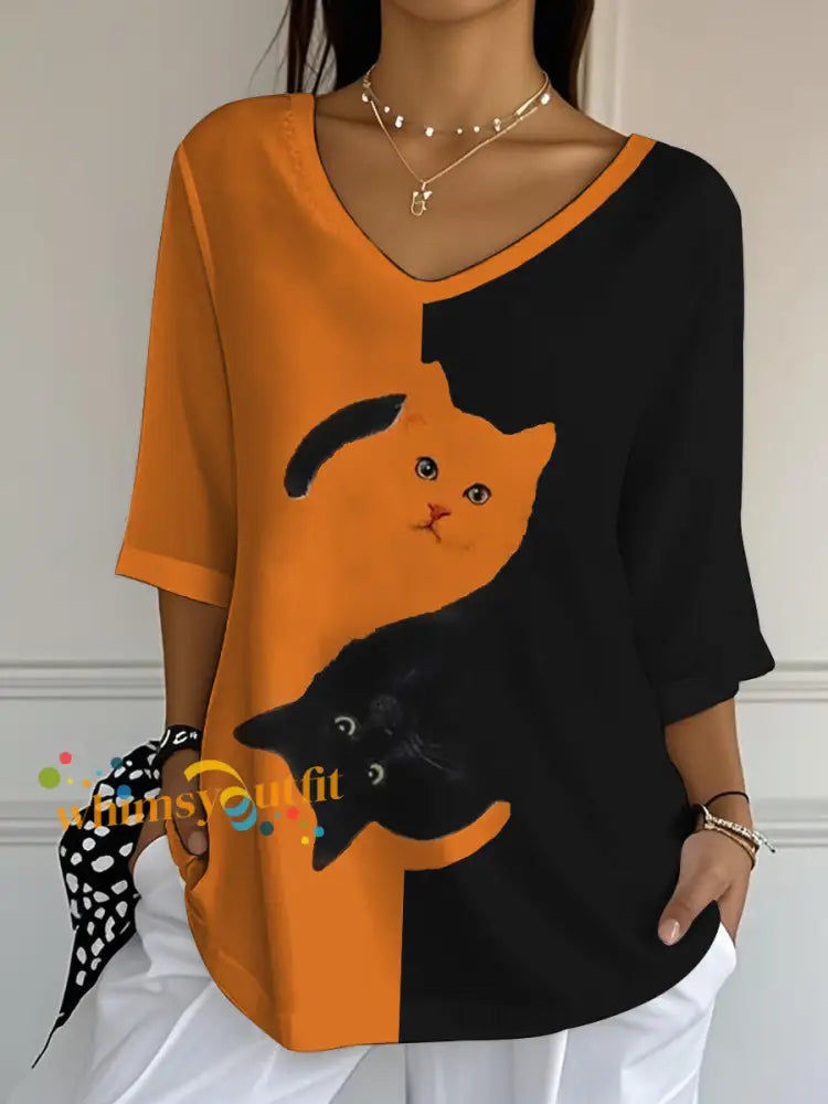Women’s Black Cat Print Casual Half Sleeve Top