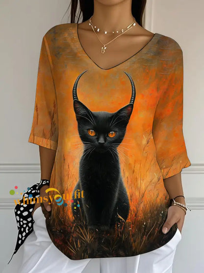 Women’s Black Cat Print Casual Half Sleeve Top