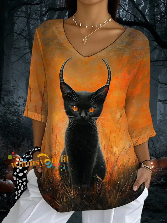 Women’s Black Cat Print Casual Half Sleeve Top Pumpkin Orange / S