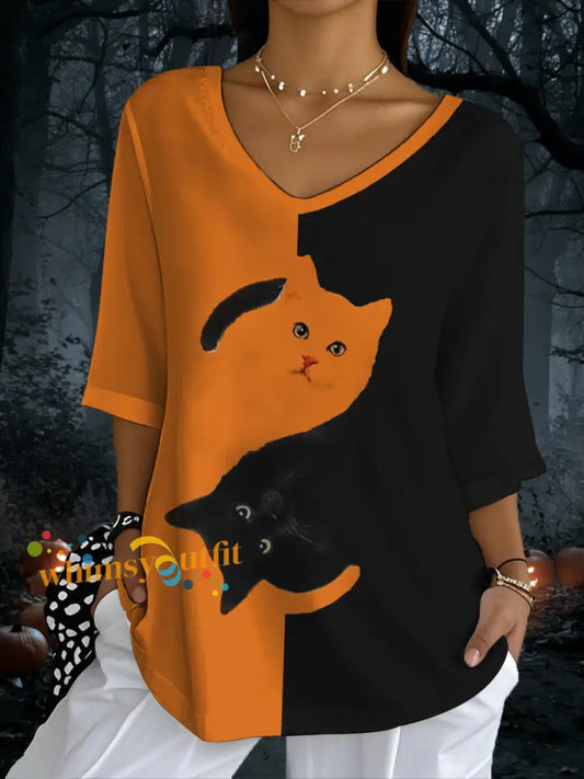 Women’s Black Cat Print Casual Half Sleeve Top Pumpkin Orange / S