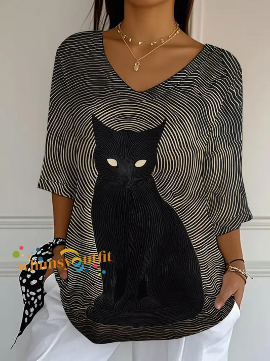 Women’s Black Cat Print Casual T shirt Black / S