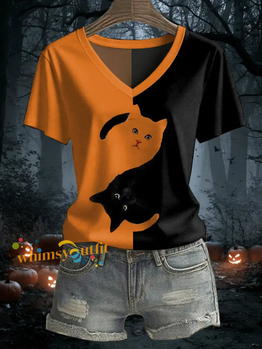 Women’s Black Cat Print Casual V Neck Tee Pumpkin Orange / S