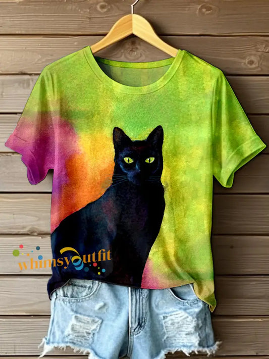 Women’s Black Cat Print Contrast Color T Shirt As picture / S
