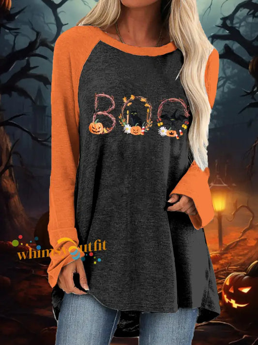 Women’s Black Cat Pumpkin Casual Top Orange / S