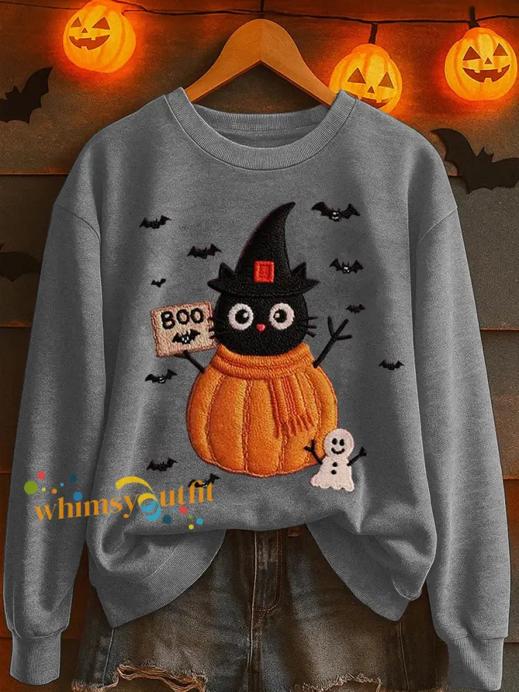 Women’s Black Cat Pumpkin Print Casual Sweatshirt Light Gray / S