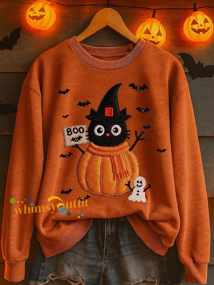 Women’s Black Cat Pumpkin Print Casual Sweatshirt Orange / S