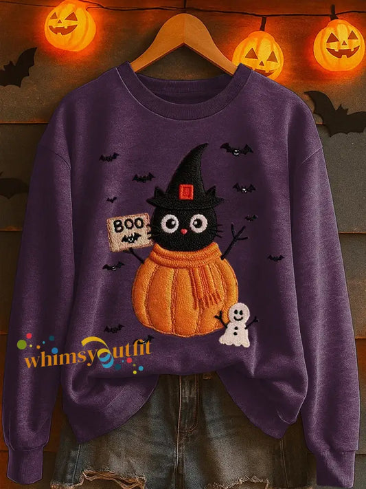Women’s Black Cat Pumpkin Print Casual Sweatshirt Purple / S