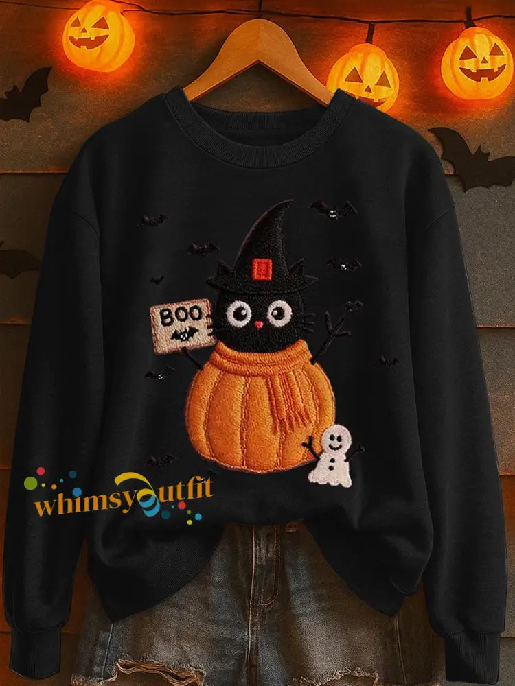 Women’s Black Cat Pumpkin Print Casual Sweatshirt Black / S