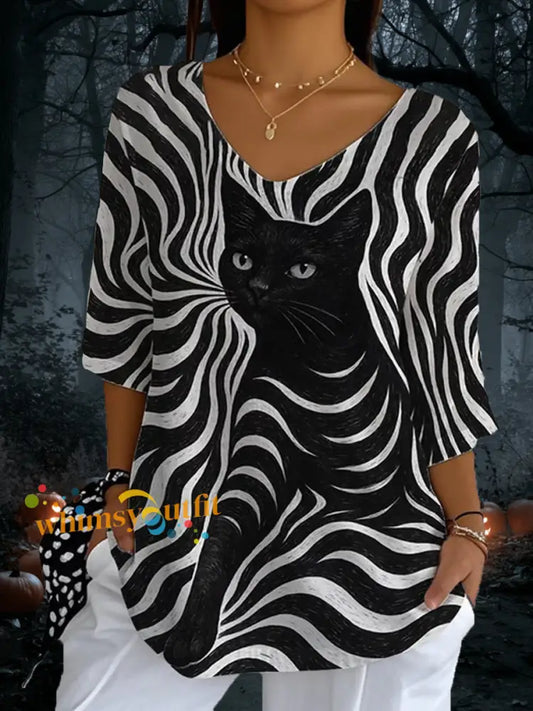 Women’s Black Cat Stripes Casual Long Sleeve Top Black / S