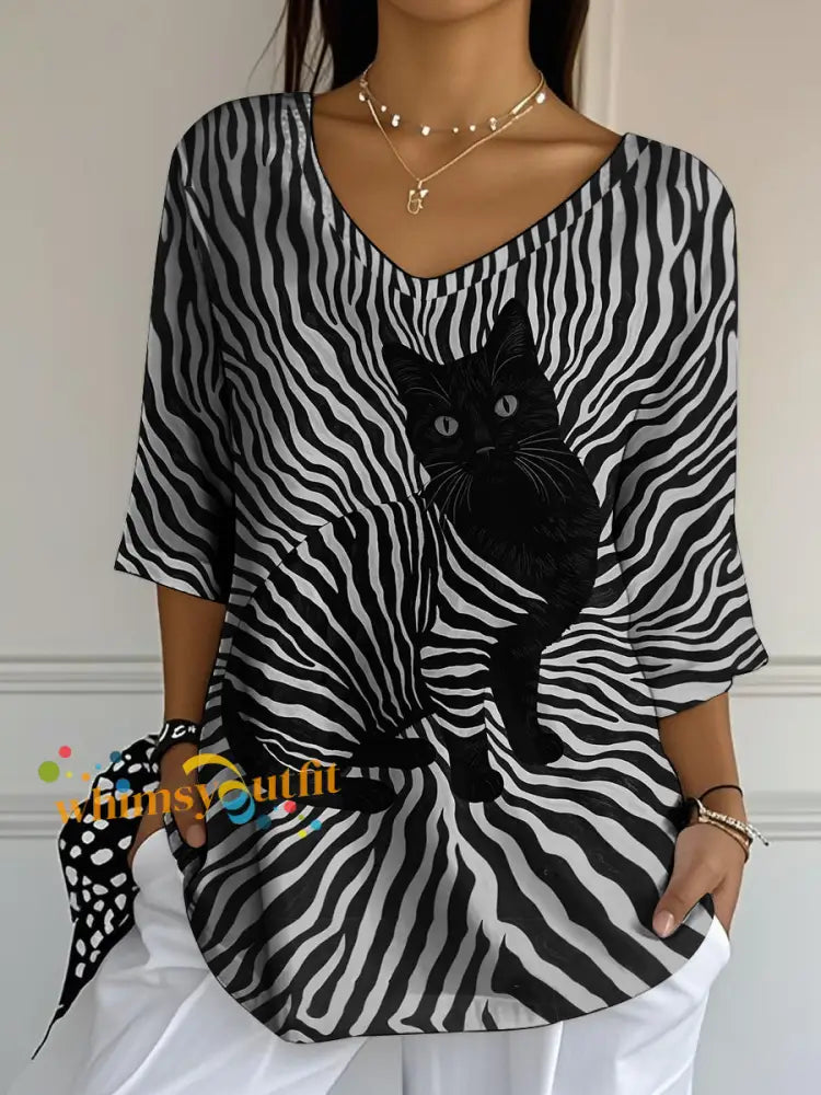 Women’s Black Cat Stripes Print Casual Half Sleeve Top
