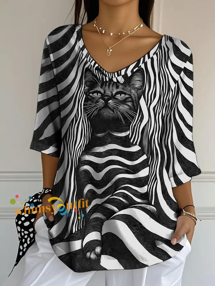 Women’s Black Cat Stripes Print Casual Half Sleeve Top
