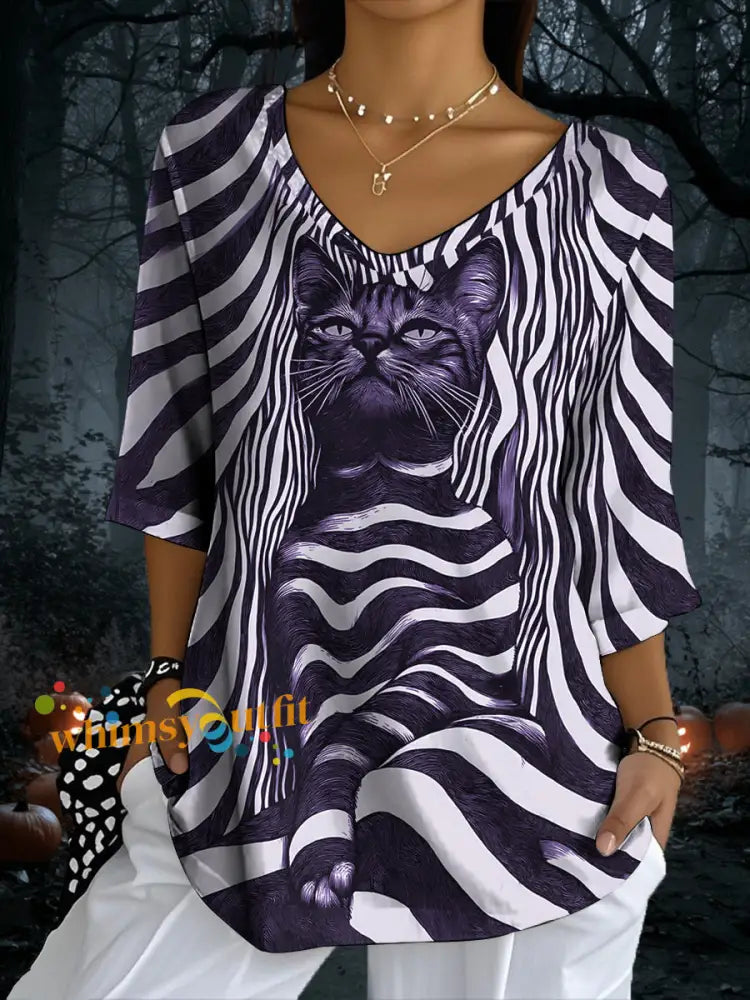 Women’s Black Cat Stripes Print Casual Half Sleeve Top Purple / S