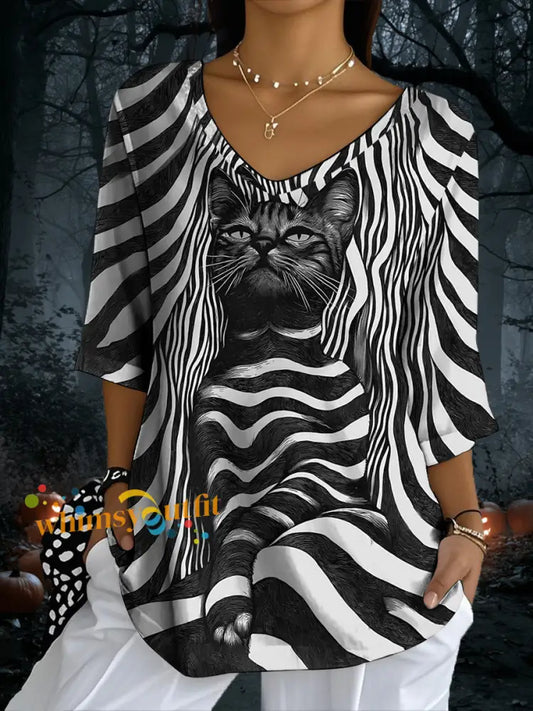 Women’s Black Cat Stripes Print Casual Half Sleeve Top Black / S