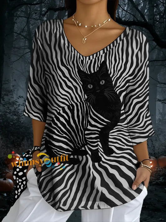 Women’s Black Cat Stripes Print Casual Half Sleeve Top Black / S