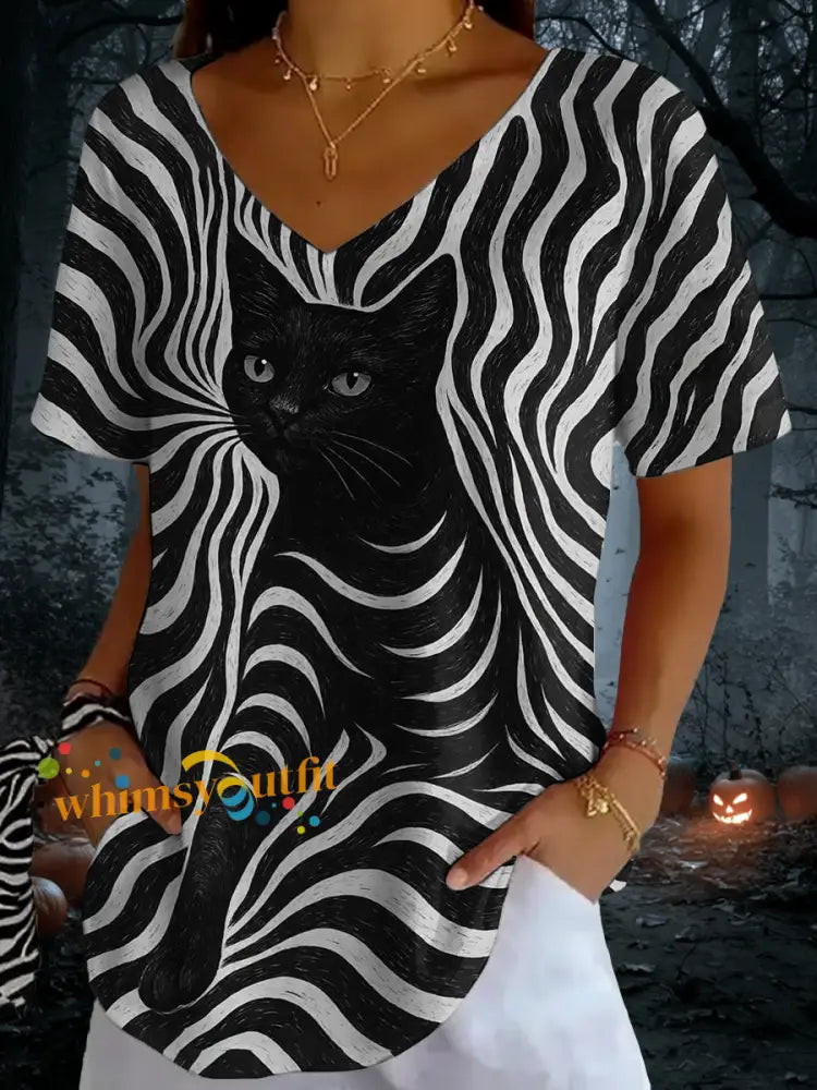 Women’s Black Cat Stripes Print Casual V Neck Tee