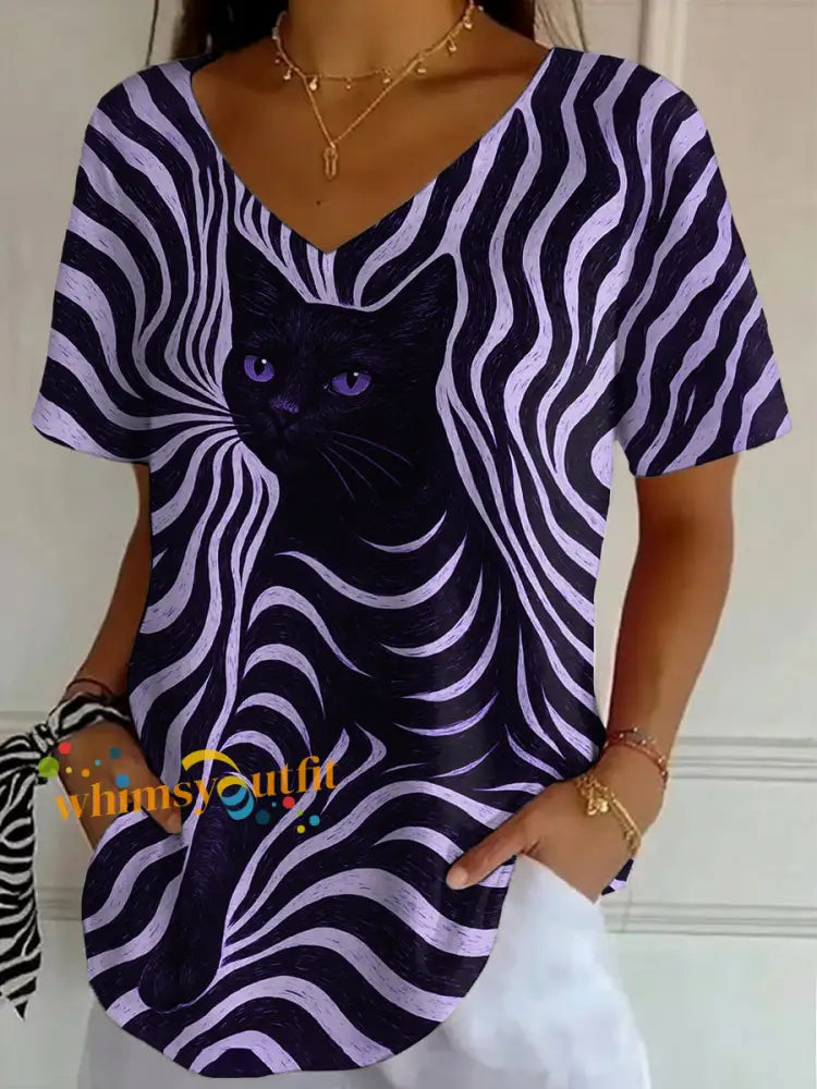 Women’s Black Cat Stripes Print Casual V Neck Tee Purple / S