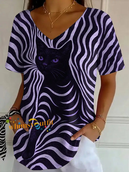 Women’s Black Cat Stripes Print Casual V Neck Tee Purple / S