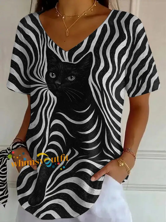 Women’s Black Cat Stripes Print Casual V Neck Tee Black / S