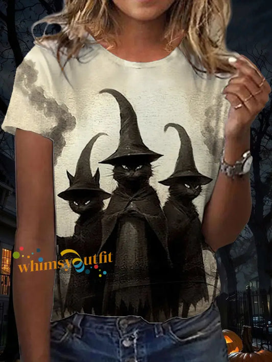 Women’s Black Cat Witch Short sleeved T shirt As picture / S