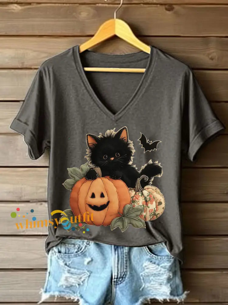 Women’s Black Kitten Pumpkin Patchwork Printed Casual T Shirt Dark Gray / S