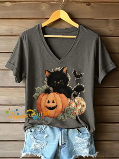 Women’s Black Kitten Pumpkin Patchwork Printed Casual T Shirt Dark Gray / S