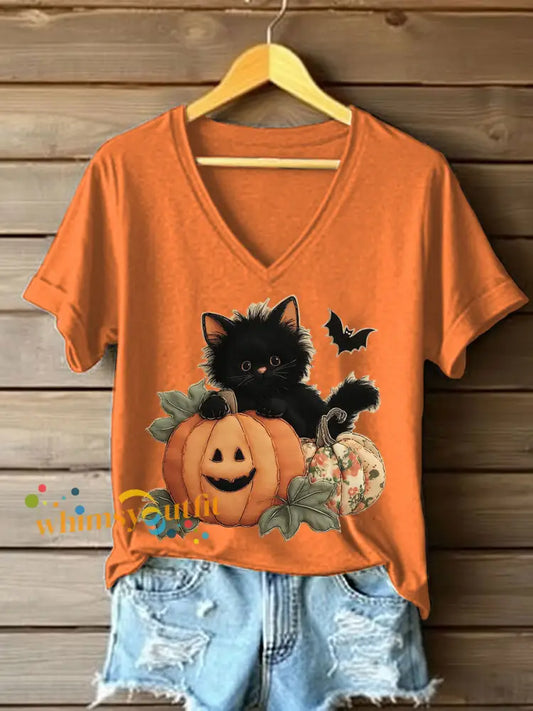 Women’s Black Kitten Pumpkin Patchwork Printed Casual T Shirt Orange / S