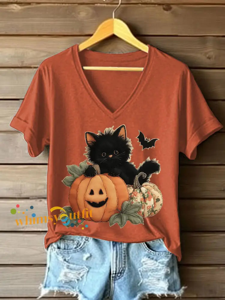 Women’s Black Kitten Pumpkin Patchwork Printed Casual T Shirt Pumpkin Orange / S