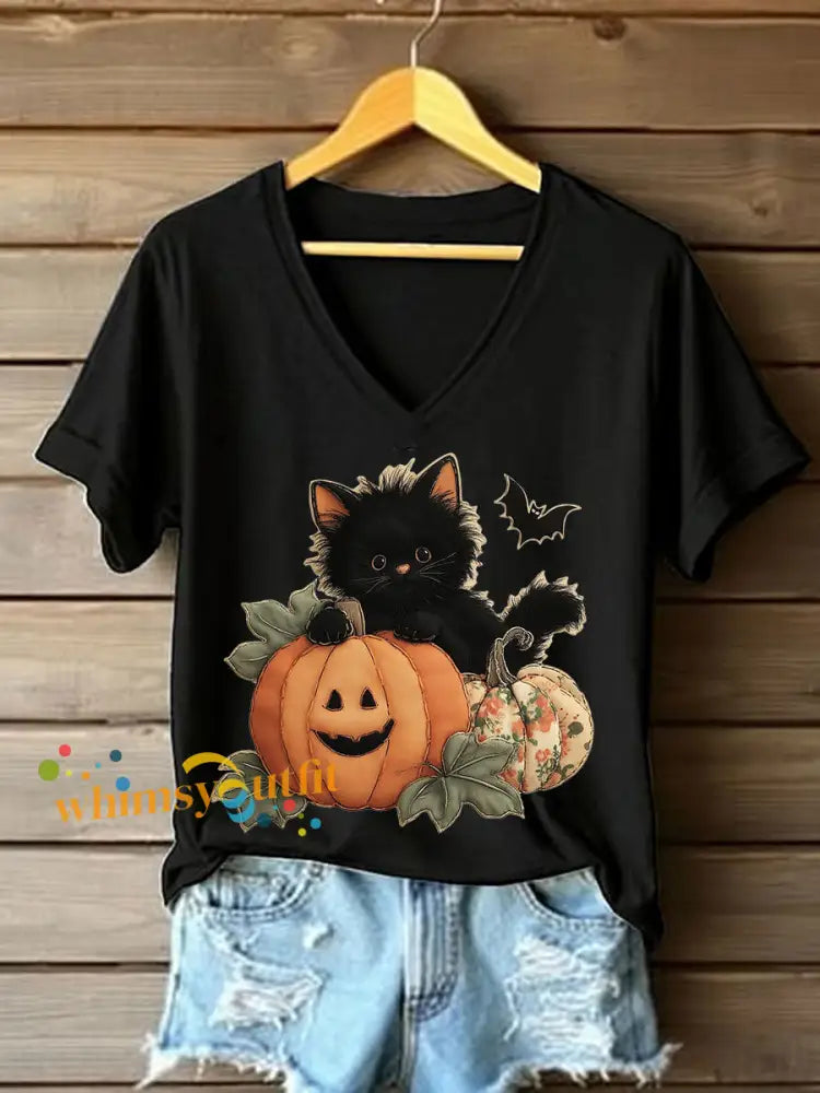 Women’s Black Kitten Pumpkin Patchwork Printed Casual T Shirt Black / S