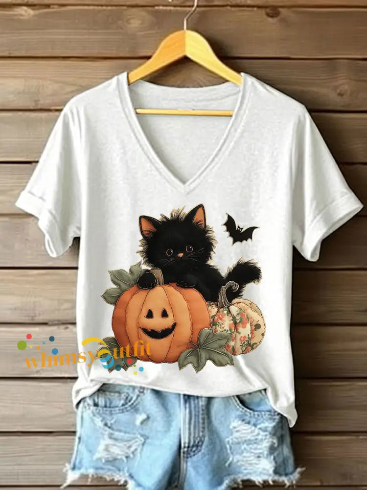 Women’s Black Kitten Pumpkin Patchwork Printed Casual T Shirt White / S